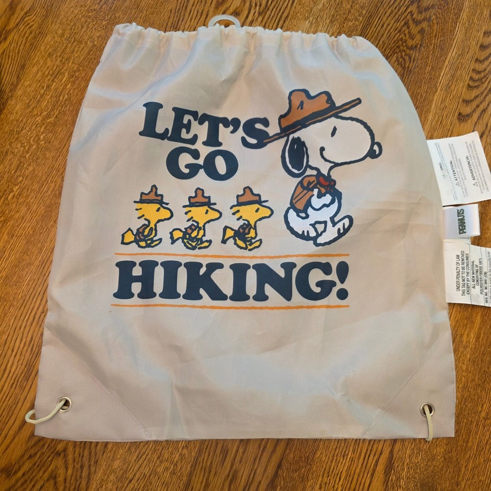 Peanuts Snoopy Woodstock Lets Go Hiking Drawstring Cinch Bag Tan Gorpcore